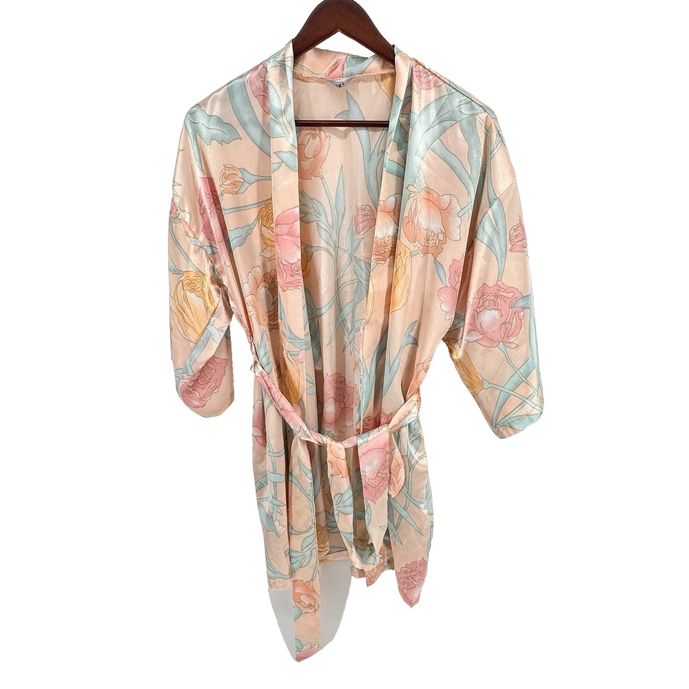 Vintage LA Intimates Boho Floral Satin Kimono Robe Women Size L